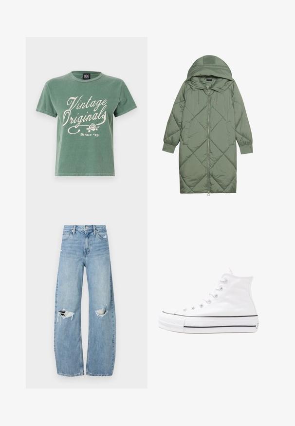 Prošívaný dlouhý zelený péřový kabát s kapucí, který má přední zip a dvě boční kapsy. Po celém povrchu je texturovaný diamantový vzor.; Zelené bavlněné tričko s krátkým rukávem. Na přední straně obsahuje bílý text "Vintage Originals" a grafiku růže. Klasický design s kulatým výstřihem.; Světle modré džíny s vysokým pasem vyrobené z denimu. Mají široké nohavice, dvě roztržené oblasti na kolenou a klasický pětikapsový střih.; Bílé vysoké plátěné tenisky s černou gumovou podrážkou, přední gumovou špičkou a šesti očky na tkaničky, se čistým, minimalistickým designem.