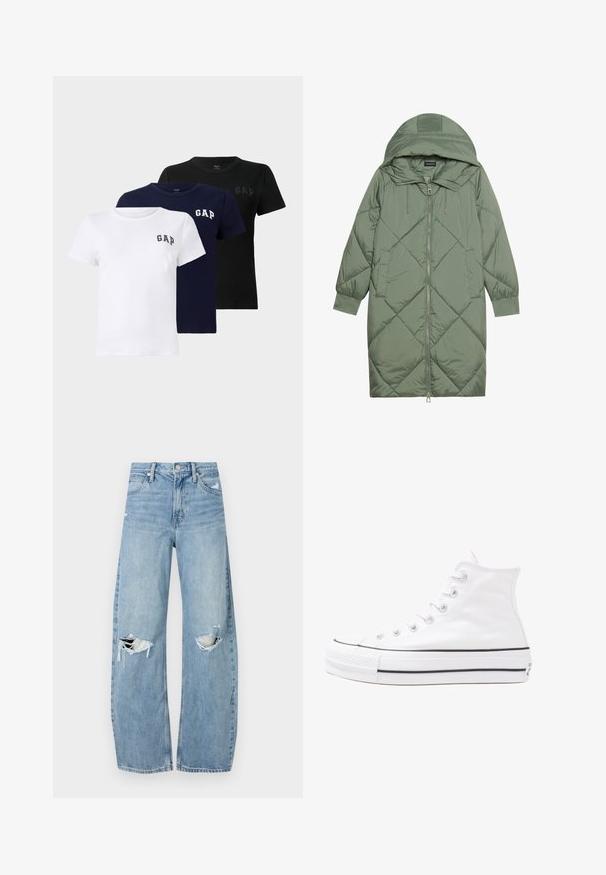 Quiltuotas ilgas žalias pūkinis paltas su kapuce, turintis priekinį užtrauktuką ir dvi šonines kišenes. Visame paviršiuje yra tekstūrinis rombų raštas.; Trijų trumpomis rankovėmis marškinėlių rinkinys juodos, baltos ir mėlynos spalvos. Kiekvienas iš jų turi mažą "GAP" logotipą kairėje krūtinės pusėje, pagamintas iš švelnaus medvilninio audinio.; Šviesiai mėlynos, aukštu juosmeniu džinsai pagaminti iš džinsinio audinio. Turi plačias kojų kelnes, dvi suplėšytas kelio vietas ir klasikinį penkių kišenių dizainą.; Balti aukštakulniai drobės sportbačiai su juodu guminio pado, priekinio guminio piršto dangteliu ir šešiais akytėmis raištams, pasižymintys švariu, minimalistiniu dizainu.