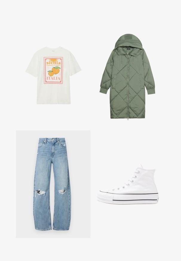 Vihreä vuorattu pitkänmallinen puhvitakki, jossa on huppu, etuvetoketju ja kaksi sivutaskua. Koko takin pinta on teksturoidussa timanttikuviossa.; Valkoinen puuvillapaita, jossa on graafinen suunnittelu kahdesta appelsiinista, joiden ympärillä on teksti "Sicilia" ja "Italia", ja koristeellinen punainen kehys.; Vaaleansiniset, korkeavyötäröiset farkut, jotka on valmistettu denimmateriaalista. Ominaisuuksiin kuuluvat leveät lahkeet, kaksi revittyä polvialuetta ja klassinen viiden taskun tyyli.; Valkoiset korkeavartiset kangaskengät mustalla kumipohjalla, edessä kuminen varvasosa ja kuusi nauha-aukkoa, puhtaan minimalistisella muotoilulla.