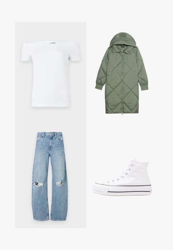Zelený prešívaný páperový kabát s kapucňou, so zipsovým uzáverom vpredu a dvoma bočnými vreckami. Po celom povrchu je textúrovaný diamantový vzor.; Biele tričko bez ramienok s krátkymi rukávmi, vyrobené z jemného bavlneného materiálu, s priliehavým strihom a rovnými spodnými okrajmi.; Svetlomodré, vysoké džínsy vyrobené z denimu. Majú široké nohavice, dve roztrhnuté kolená a klasický päťvreckový strih.; Biele vysoké plátené tenisky s čiernou gumovou podošvou, prednou gumovou špičkou a šiestimi okami na šnúrky, s čistým, minimalistickým dizajnom.