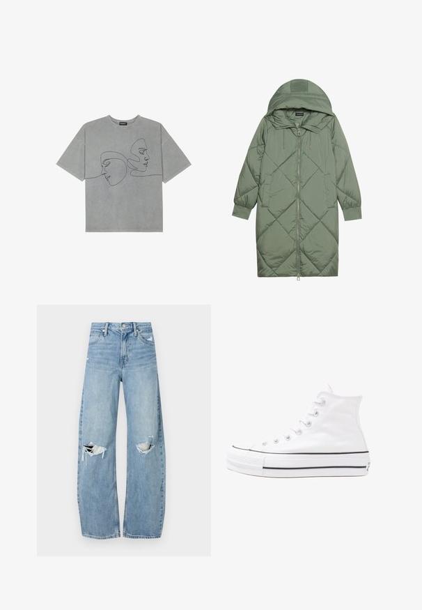 Prošívaný dlouhý zelený péřový kabát s kapucí, který má přední zip a dvě boční kapsy. Po celém povrchu je texturovaný diamantový vzor.; Šedé bavlněné tričko s krátkým rukávem, s minimalisticým černým liniovým uměním dvou tváří na přední straně, kulatým výstřihem a uvolněným střihem.; Světle modré džíny s vysokým pasem vyrobené z denimu. Mají široké nohavice, dvě roztržené oblasti na kolenou a klasický pětikapsový střih.; Bílé vysoké plátěné tenisky s černou gumovou podrážkou, přední gumovou špičkou a šesti očky na tkaničky, se čistým, minimalistickým designem.