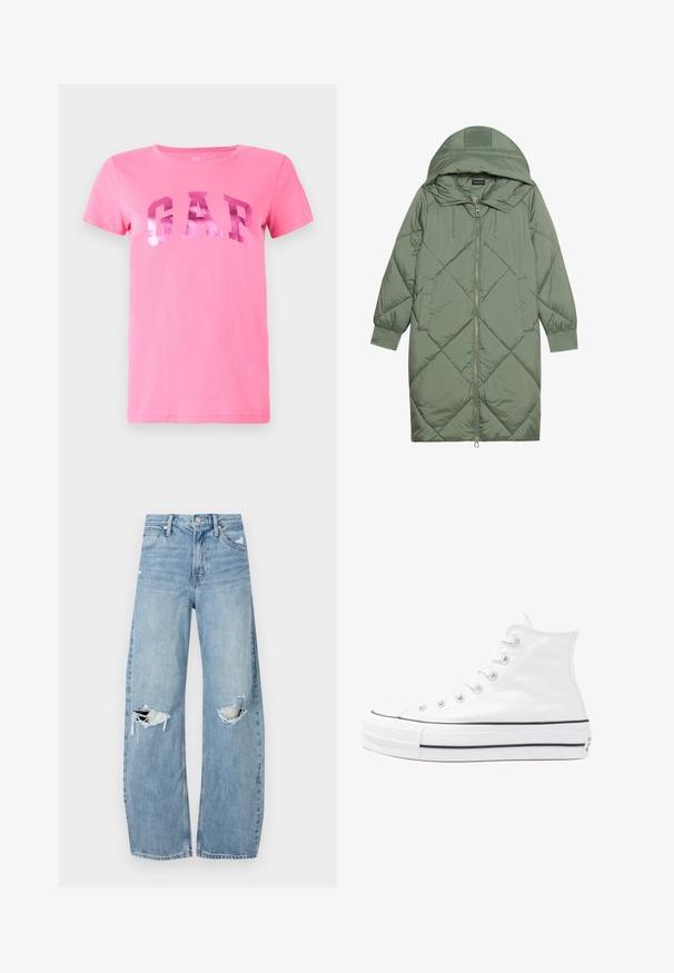 Casaco puffer longo verde acolchoado com capuz, apresentando um fecho frontal com zíper e dois bolsos laterais. Padrão texturizado em forma de diamante por todo o casaco.; T-shirt de algodão rosa com mangas curtas e gola redonda, apresentando um logótipo metálico e brilhante "GAP" em destaque no peito. Textura suave.; Jeans de lavagem clara, de cintura alta, feitos de denim. Apresentam pernas largas, duas áreas rasgadas nos joelhos e o estilo clássico de cinco bolsos.; Sapatilha alta de tela branca com sola de borracha preta, bico de borracha na frente e seis ilhós para os atacadores, apresentando um design limpo e minimalista.
