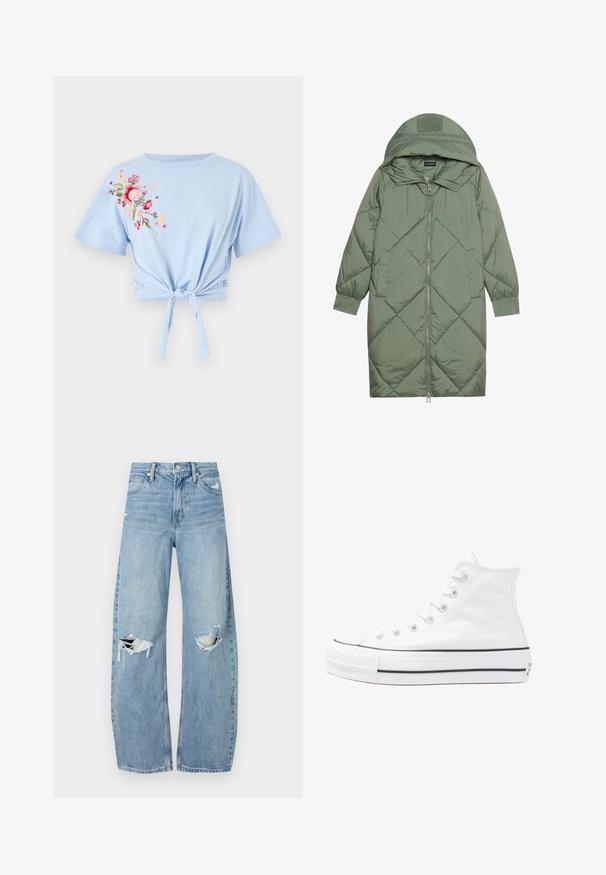 Pistetud pikk roheline puffermantel kapuutsiga, esiküljel tõmblukuga ja kahe küljetaskuga. Kogu pinnal on struktureeritud rombikujundus.; Heled sinine lühikeste varrukatega kroopitud t-särk ümmarguse kaelusega, millel on vasakul küljel roosade ja kollaste lillede tikandid ning seotud sõlme detail.; Heledad hallideega sinised teksad, millel on kõrge talje. Teksade jalgadel on lai alus, kaks rebitud kohta põlvede ümber ning klassikaline viie tasku stiil.; Valge kõrgem kangast tenniseking, millel on must kummist tald, ees kummist varvasetugi ja kuus aukku paelte jaoks, pakkudes puhta ja minimalistliku disaini.