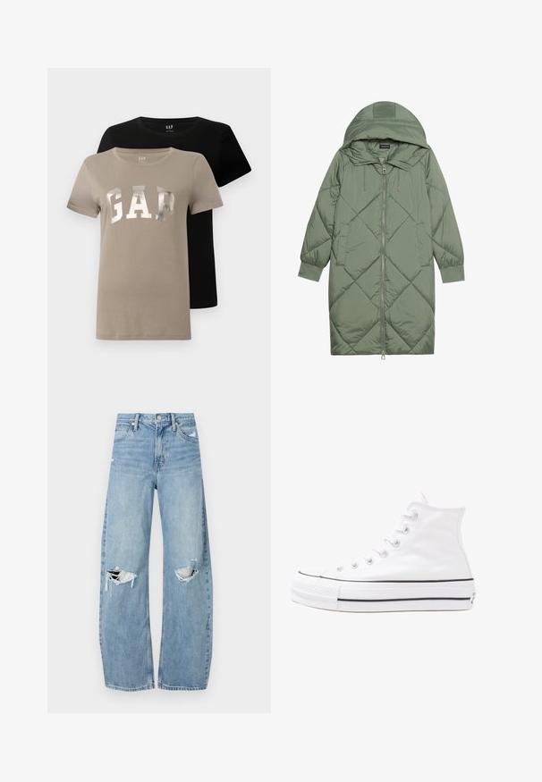 Manteau matelassé long vert avec capuche, doté d'une fermeture éclair à l'avant et de deux poches latérales. Motif en losanges texturé sur toute sa surface.; Deux t-shirts à col rond à manches courtes, l'un beige avec "GAP" en grandes lettres argentées et l'autre noir uni, présentés en superposition.; Jeans en denim bleu clair à taille haute. Présentent des jambes larges, deux zones déchirées aux genoux et un style classique à cinq poches.; Baskets montantes en toile blanche avec semelle en caoutchouc noir, capuchon en caoutchouc à l'avant, et six œillets pour les lacets, présentant un design épuré et minimaliste.