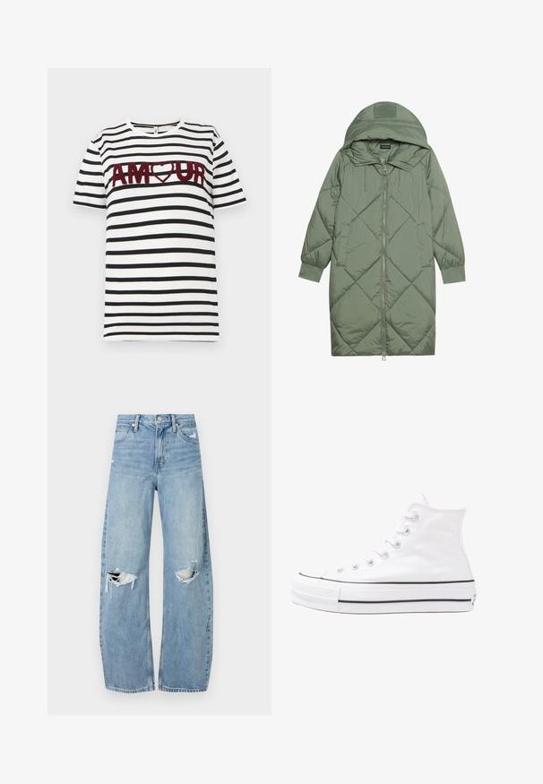 Izšūts garš zaļš pūšļa mētelis ar kapuci, ar priekšējo rāvējslēdzēju un divām sānu kabatām. Visā virsmā ir teksturēta dimanta raksts.; Balta T-kreklu ar melnām horizontālām svītrām. Ar bordo izšuvumu "AMOUR" un sirds simbolu centrā. Īsas piedurknes.; Gaiši zili, augstās vidukļa džinsi, kas izgatavoti no denima. Iespējas plašas kājas, divas plēstas ceļa daļas un klasiskā piecu kabatu dizains.; Balti augstie kanvas sporta apavi ar melnu gumijas zoli, priekšējo gumijas purngalu un sešām acīm lencēm, kuriem ir tīrs, minimālistisks dizains.