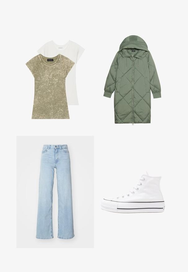 Izšūts garš zaļš pūšļa mētelis ar kapuci, ar priekšējo rāvējslēdzēju un divām sānu kabatām. Visā virsmā ir teksturēta dimanta raksts.; Divas īsām piedurknēm T-krekli: viens olīvu zaļš ar teksturētu, ribotu audumu, otrs vienkārši balts. Abiem ir apaļa apkakle un raglāna piedurknes.; Gaiši zili platajie džinsi, izgatavoti no denima. Iespējas augsta josta, priekšējā pogu aizdare un divas kabatas. Gluda tekstūra ar maigu nodilumu.; Balti augstie kanvas sporta apavi ar melnu gumijas zoli, priekšējo gumijas purngalu un sešām acīm lencēm, kuriem ir tīrs, minimālistisks dizains.