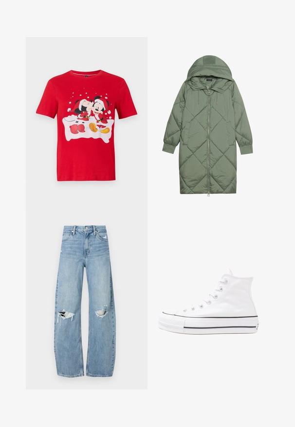 Vadderad lång grön pufferjacka med huva, med en framsidan dragkedjestängning och två sidofickor. Strukturerad diamantmönster över hela plagget.; Röd kortärmad skjorta med Mickey och Minnie Mouse klädda i julsaker, där Minnie kysser Mickey på kinden med snöflingor som bakgrund.; Ljusblå, högmidjade jeans i denim. Har vida ben, två slitna knäområden och klassisk femfickedesign.; Vit hög topp canvas sneaker med svart gummisulan, framsidan gummitåhätta och sex öglor för snören, med en ren, minimalistisk design.