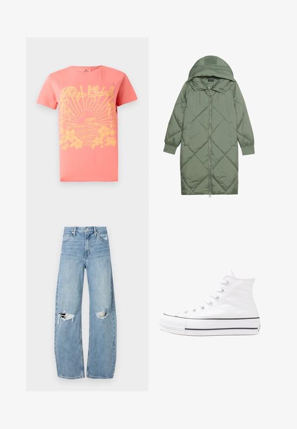 Cele nouă pictate în verde închis, din material pufos, cu glugă, care dispune de închidere cu fermoar frontal și două buzunare laterale. Model texturat cu un model în diamant pe întreaga suprafață.; Tricou scurt cu mânecă, de culoare corai, cu un design grafic galben care include soare, valuri și elemente florale. Fabricat din bumbac. Croială clasică.; Jeans de denim, de un bleu deschis, cu talie înaltă. Au picioare late, două zone rupte la genunchi și un stil clasic cu cinci buzunare.; Adidași albi tip pantofi sport cu glezna din pânză, cu talpă din cauciuc negru, capac de vârf din cauciuc frontal și șase ochiuri pentru șireturi, având un design curat și minimalist.