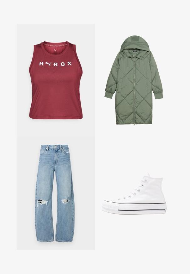 Manteau matelassé long vert avec capuche, doté d'une fermeture éclair à l'avant et de deux poches latérales. Motif en losanges texturé sur toute sa surface.; Haut de sport sans manches bordeaux en matière extensible. Arrière-plan lisse avec un logo et le texte "HYROX" à l'avant. Encolure ronde.; Jeans en denim bleu clair à taille haute. Présentent des jambes larges, deux zones déchirées aux genoux et un style classique à cinq poches.; Baskets montantes en toile blanche avec semelle en caoutchouc noir, capuchon en caoutchouc à l'avant, et six œillets pour les lacets, présentant un design épuré et minimaliste.