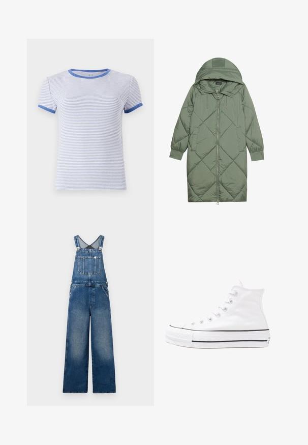 Prostorna dolga zeleni puffer plašč s kapuco, z zadrgo spredaj in dvema stranskima žepoma. Tekstura z diamantnim vzorcem po celotni površini.; Polo majica kratkih rukavov s potiskom. Ima svetlo modre stripe na belem ozadju. Modri dodatki na ovratniku in rokavih.; Denim kombinezon s širokimi nogami, nastavljivimi trakovi, sprednjim žepom in gumbi na straneh. Temno modra z zbledelimi akcenti.; Beli visoki platneni športni čevelj z črnim gumijastim podplatom, sprednjim gumijastim zaščitnikom za prste in šestimi luknjicami za vezalke, ki se ponaša s preprostim, minimalističnim dizajnom.
