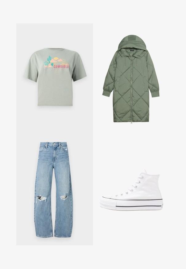 Vadderad lång grön pufferjacka med huva, med en framsidan dragkedjestängning och två sidofickor. Strukturerad diamantmönster över hela plagget.; Ljusgrön bomulls t-shirt med korta ärmar, med färggrafisk tryck inklusive kaktusar, berg och ordet "COWGIRLS."; Ljusblå, högmidjade jeans i denim. Har vida ben, två slitna knäområden och klassisk femfickedesign.; Vit hög topp canvas sneaker med svart gummisulan, framsidan gummitåhätta och sex öglor för snören, med en ren, minimalistisk design.