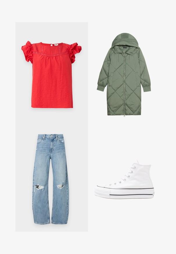 Pistetud pikk roheline puffermantel kapuutsiga, esiküljel tõmblukuga ja kahe küljetaskuga. Kogu pinnal on struktureeritud rombikujundus.; Punane lühikeste varrukatega topp, mis on valmistatud kergekangast, rafineeritud varrukatega, tekstuurse esipaneeliga ja võtmeaugu seljaosaga.; Heledad hallideega sinised teksad, millel on kõrge talje. Teksade jalgadel on lai alus, kaks rebitud kohta põlvede ümber ning klassikaline viie tasku stiil.; Valge kõrgem kangast tenniseking, millel on must kummist tald, ees kummist varvasetugi ja kuus aukku paelte jaoks, pakkudes puhta ja minimalistliku disaini.