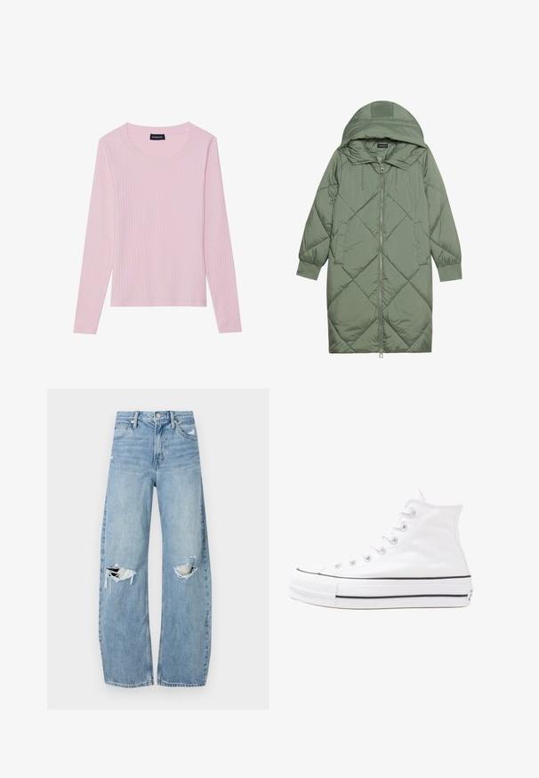 Quiltuotas ilgas žalias pūkinis paltas su kapuce, turintis priekinį užtrauktuką ir dvi šonines kišenes. Visame paviršiuje yra tekstūrinis rombų raštas.; Šviesiai rožinė, ilgomis rankovėmis, raukšlėta palaidinė su apvaliu apykakle ir prigludusia siluetu. Pagaminta iš minkštos, tekstūruotos medžiagos. Minimalistinis dizainas, be raštų.; Šviesiai mėlynos, aukštu juosmeniu džinsai pagaminti iš džinsinio audinio. Turi plačias kojų kelnes, dvi suplėšytas kelio vietas ir klasikinį penkių kišenių dizainą.; Balti aukštakulniai drobės sportbačiai su juodu guminio pado, priekinio guminio piršto dangteliu ir šešiais akytėmis raištams, pasižymintys švariu, minimalistiniu dizainu.