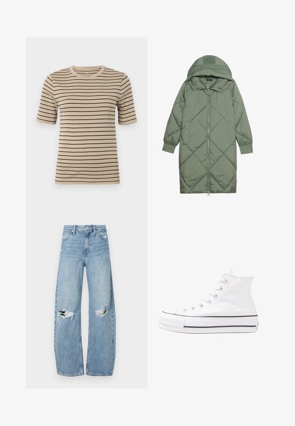 Steppelt, hosszú zöld pufikabát kapucnival, elöl cipzáras záródással és két oldalsó zsebből áll. Az anyagon teljes hosszában váltakozó gyémántmintázat található.; Beige rövidujjú póló fekete vízszintes csíkokkal. Kerek nyakú és puha, sima textúrájú.; Világoskék, magas derekú farmernadrág. Széles lábakkal, két szakadt térddel és klasszikus öt zsebes dizájnnal rendelkezik.; Fehér magaskorsó vászon sportcipő fekete gumi talppal, elülső gumi orrnyereggel és hat fűzőlyukkal, letisztult, minimalista dizájnnal.