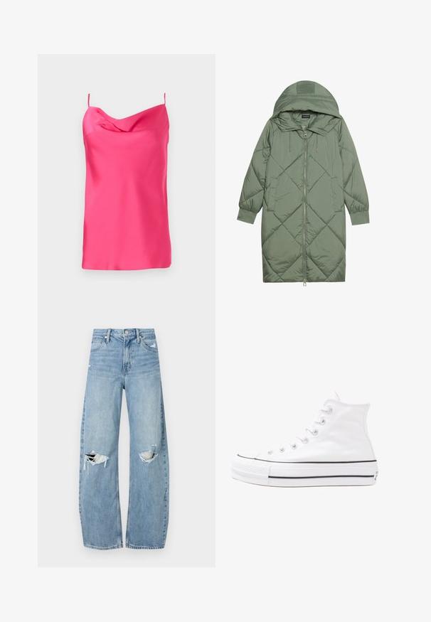 Prošívaný dlouhý zelený péřový kabát s kapucí, který má přední zip a dvě boční kapsy. Po celém povrchu je texturovaný diamantový vzor.; Bezramenný fuchsiový saténový top s volným výstřihem a tenkými ramínky. Hladká textura s jemným splýváním, zakončený rovním lemem na spodní straně.; Světle modré džíny s vysokým pasem vyrobené z denimu. Mají široké nohavice, dvě roztržené oblasti na kolenou a klasický pětikapsový střih.; Bílé vysoké plátěné tenisky s černou gumovou podrážkou, přední gumovou špičkou a šesti očky na tkaničky, se čistým, minimalistickým designem.