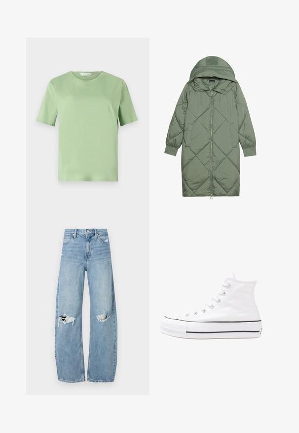 Quilted long green puffer coat with a hood, featuring a front zipper closure and two side pockets. Textured diamond pattern throughout.; Light green short-sleeve t-shirt made of soft fabric. Features a crew neckline and small embossed logo on the chest. Simple design.; Light blue, high-waisted jeans made of denim. Feature wide legs, two torn knee areas, and classic five-pocket styling.; White high-top canvas sneaker with black rubber sole, front rubber toe cap, and six eyelets for laces, featuring a clean, minimalist design.