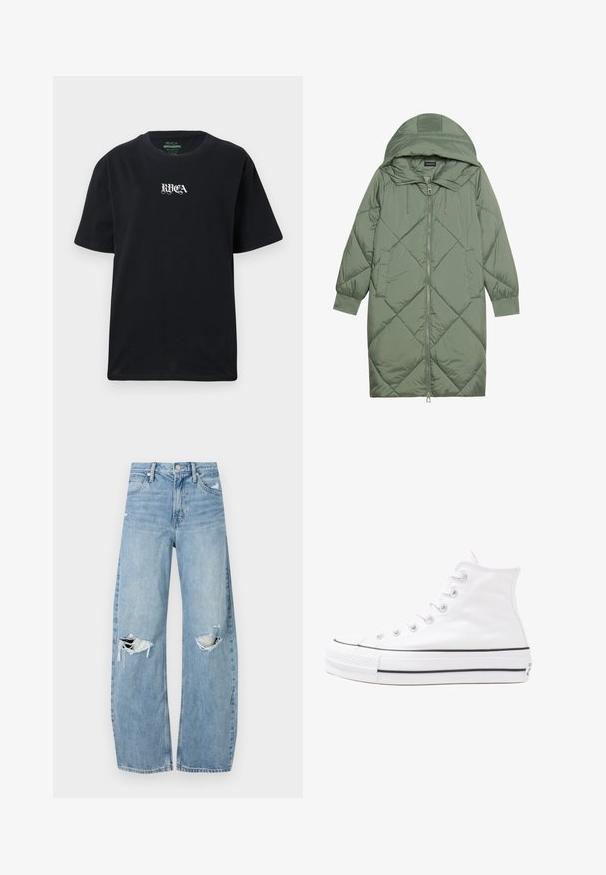 Quiltet lang grønn pufferjakke med hette, med en frontglidelås og to sidelommer. Teksturerte diamantmønster overalt.; Svart bomull T-skjorte med avslappet passform. Har en hvit "RVCA"-logo trykket foran. Korte ermer og rund halsdesign.; Lyseblå høytlivsjeans laget av denim. Har vide bein, to revne knær og klassisk fem-lommers design.; Hvit høy-skinn kanvas sneakers med svart gummisåle, gummitåhette foran og seks hull for snorer, med et rent, minimalistisk design.