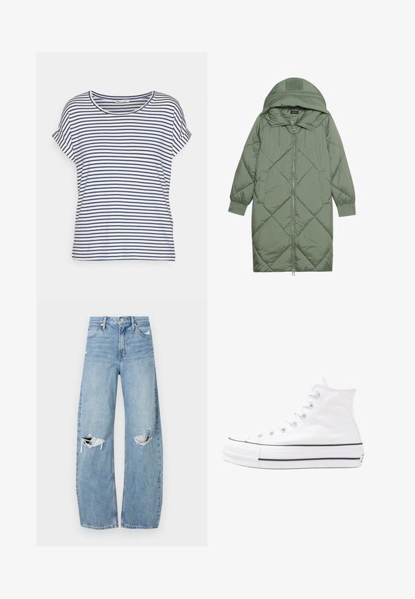 Quiltana duga zelena puffer jakna s kapuljačom, s prednjim zatvaračem i dva bočna džepa. Teksturni dijamantni uzorak kroz cijelu jaknu.; Prugasta kratka majica s kratkim rukavima u bijeloj i mornarskoj plavoj boji, s okruglim izrezom i opuštenim krojem, izrađena od mekog pamučnog materijala.; Svijetloplave, visoko-strukirane traperice. Imaju široke nogavice, dva razderana područja na koljenima i klasičan stil s pet džepova.; Bijela visoka platnena tenisica s crnom gumenom potplatom, prednjim gumenim zaštitnikom prstiju i šest rupa za vezanje, s čistim, minimalističkim dizajnom.