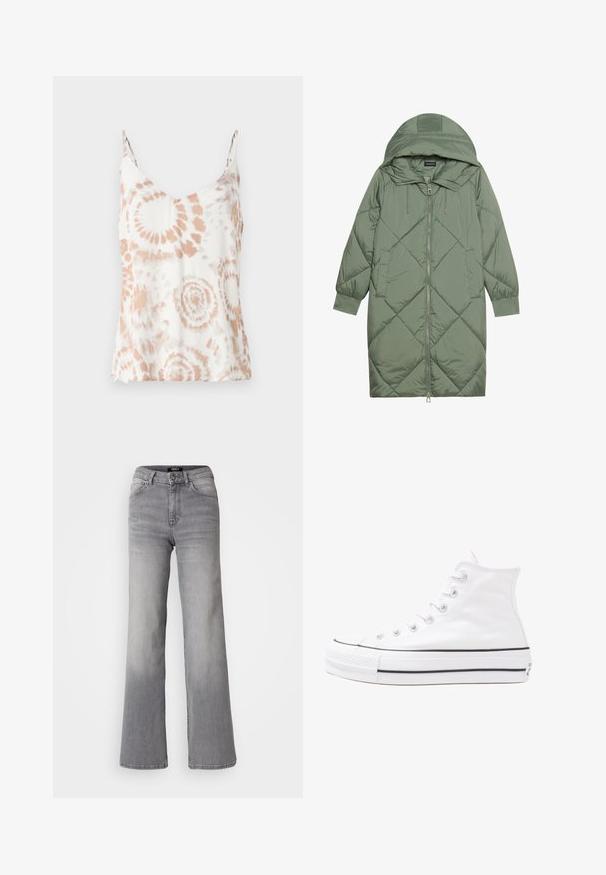 Quilted long green puffer coat with a hood, featuring a front zipper closure and two side pockets. Textured diamond pattern throughout.; White tank top with a v-neck, delicate spaghetti straps, and a peach tie-dye pattern. Lightweight, soft texture with a flowing design.; High-waisted straight-leg gray denim jeans with front button and zipper, front and back pockets, and faded shading on thighs and calves.; White high-top canvas sneaker with black rubber sole, front rubber toe cap, and six eyelets for laces, featuring a clean, minimalist design.