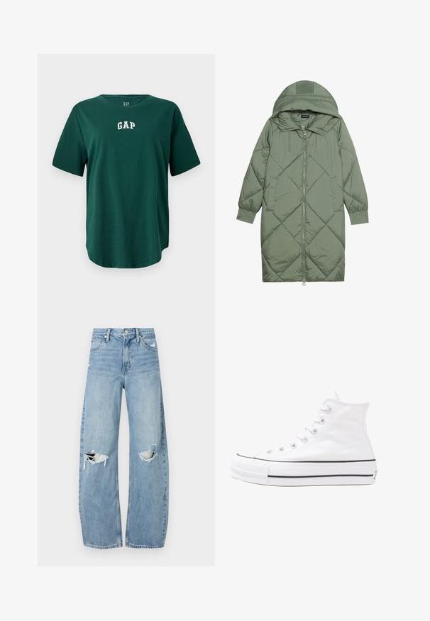 Vihreä vuorattu pitkänmallinen puhvitakki, jossa on huppu, etuvetoketju ja kaksi sivutaskua. Koko takin pinta on teksturoidussa timanttikuviossa.; Vihreä ylipitkä t-paita, joka on valmistettu puuvillasta, pyöreällä kaula-aukkolla ja lyhyillä hihoilla. Rinnassa on valkoinen "GAP"-logo brodeerattuna.; Vaaleansiniset, korkeavyötäröiset farkut, jotka on valmistettu denimmateriaalista. Ominaisuuksiin kuuluvat leveät lahkeet, kaksi revittyä polvialuetta ja klassinen viiden taskun tyyli.; Valkoiset korkeavartiset kangaskengät mustalla kumipohjalla, edessä kuminen varvasosa ja kuusi nauha-aukkoa, puhtaan minimalistisella muotoilulla.