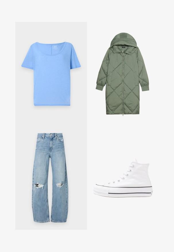 Steppelt, hosszú zöld pufikabát kapucnival, elöl cipzáras záródással és két oldalsó zsebből áll. Az anyagon teljes hosszában váltakozó gyémántmintázat található.; Világoskék, rövid ujjú póló, puha anyagból készült, lekerekített nyakkivágással és laza szabással, minimális varrási részletekkel.; Világoskék, magas derekú farmernadrág. Széles lábakkal, két szakadt térddel és klasszikus öt zsebes dizájnnal rendelkezik.; Fehér magaskorsó vászon sportcipő fekete gumi talppal, elülső gumi orrnyereggel és hat fűzőlyukkal, letisztult, minimalista dizájnnal.