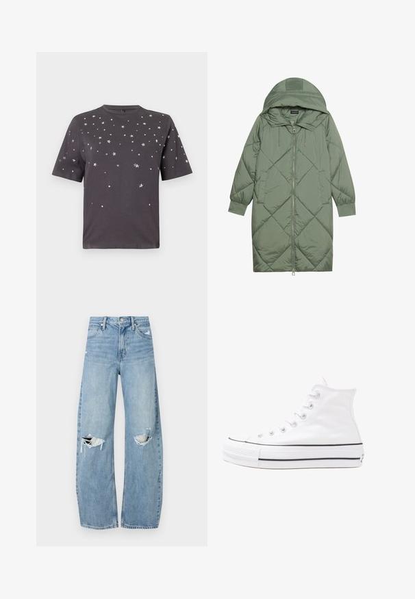 Κοντό πράσινο πούπερ μπουφάν με κουκούλα, διαθέτοντας κεντρικό φερμουάρ και δύο πλαϊνές τσέπες. Υφασμάτινο σχέδιο με ρόμβους σε όλη την επιφάνεια.; Σκούρο γκρι κοντομάνικο μπλουζάκι με διασκορπισμένα μικρά ασημένια αστέρια και βελάκια στο μπροστινό μέρος και στα μανίκια.; Ανοιχτόμπλε, ψηλόμεσα τζιν φτιαγμένα από τζιν ύφασμα. Διαθέτουν φαρδιές καμπάνες, δύο σκισμένα γόνατα και κλασικό στιλ πέντε τσεπών.; Λευκό ψηλό καμβαδάκι αθλητικό παπούτσι με μαύρη καουτσούκ σόλα, πρόσθιο καουτσούκ καλύμματος δακτύλου και έξι οπές για κορδόνια, με μια καθαρή και μίνιμαλ σχεδίαση.