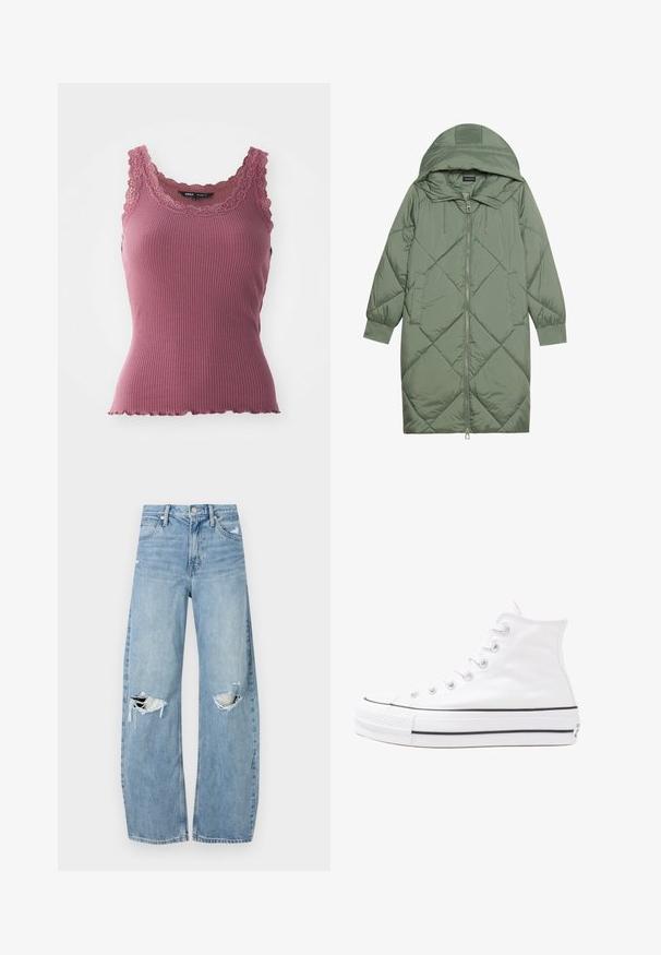 Pistetud pikk roheline puffermantel kapuutsiga, esiküljel tõmblukuga ja kahe küljetaskuga. Kogu pinnal on struktureeritud rombikujundus.; Roosa soonik, millel on ribide muster ja laineline alläär, ning pitsi viimistlus kaeluse ja rihmade ümber, valmistatud pehmest, venivast materjalist.; Heledad hallideega sinised teksad, millel on kõrge talje. Teksade jalgadel on lai alus, kaks rebitud kohta põlvede ümber ning klassikaline viie tasku stiil.; Valge kõrgem kangast tenniseking, millel on must kummist tald, ees kummist varvasetugi ja kuus aukku paelte jaoks, pakkudes puhta ja minimalistliku disaini.