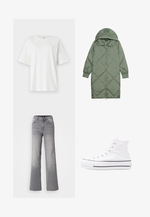 Casaco puffer longo verde acolchoado com capuz, apresentando um fecho frontal com zíper e dois bolsos laterais. Padrão texturizado em forma de diamante por todo o casaco.; T-shirt branco de manga curta feito de algodão. Gola redonda e ajuste descontraído. Textura suave sem padrões ou detalhes em metal visíveis.; Jeans de ganga cinzentos de cintura alta e corte reto, com botão e fecho à frente, bolsos dianteiros e traseiros, e desbaste nas coxas e panturrilhas.; Sapatilha alta de tela branca com sola de borracha preta, bico de borracha na frente e seis ilhós para os atacadores, apresentando um design limpo e minimalista.