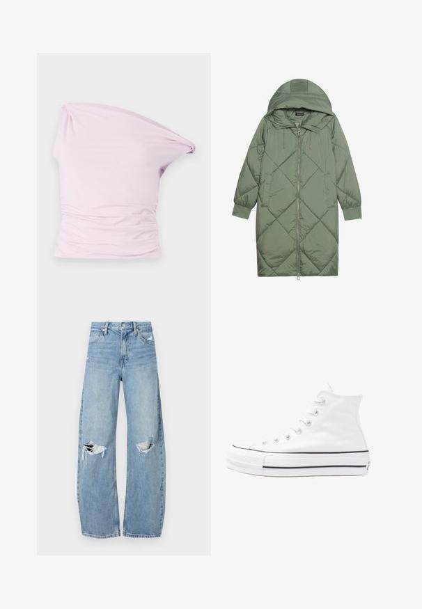 Pistetud pikk roheline puffermantel kapuutsiga, esiküljel tõmblukuga ja kahe küljetaskuga. Kogu pinnal on struktureeritud rombikujundus.; Ebaaseline üheahelane topp helesinas, valmistatud pehmest ja venivast kangast, millel on volumineertav detail vöökohtades, et lisada tekstuuri.; Heledad hallideega sinised teksad, millel on kõrge talje. Teksade jalgadel on lai alus, kaks rebitud kohta põlvede ümber ning klassikaline viie tasku stiil.; Valge kõrgem kangast tenniseking, millel on must kummist tald, ees kummist varvasetugi ja kuus aukku paelte jaoks, pakkudes puhta ja minimalistliku disaini.