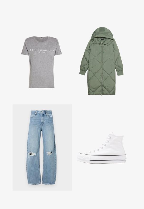 Steppelt, hosszú zöld pufikabát kapucnival, elöl cipzáras záródással és két oldalsó zsebből áll. Az anyagon teljes hosszában váltakozó gyémántmintázat található.; Szürke pamut póló rövid ujjakkal, kerek nyakkivágással, fehér "TOMMY HILFIGER EST. 1985" logóval a mellkasán.; Világoskék, magas derekú farmernadrág. Széles lábakkal, két szakadt térddel és klasszikus öt zsebes dizájnnal rendelkezik.; Fehér magaskorsó vászon sportcipő fekete gumi talppal, elülső gumi orrnyereggel és hat fűzőlyukkal, letisztult, minimalista dizájnnal.