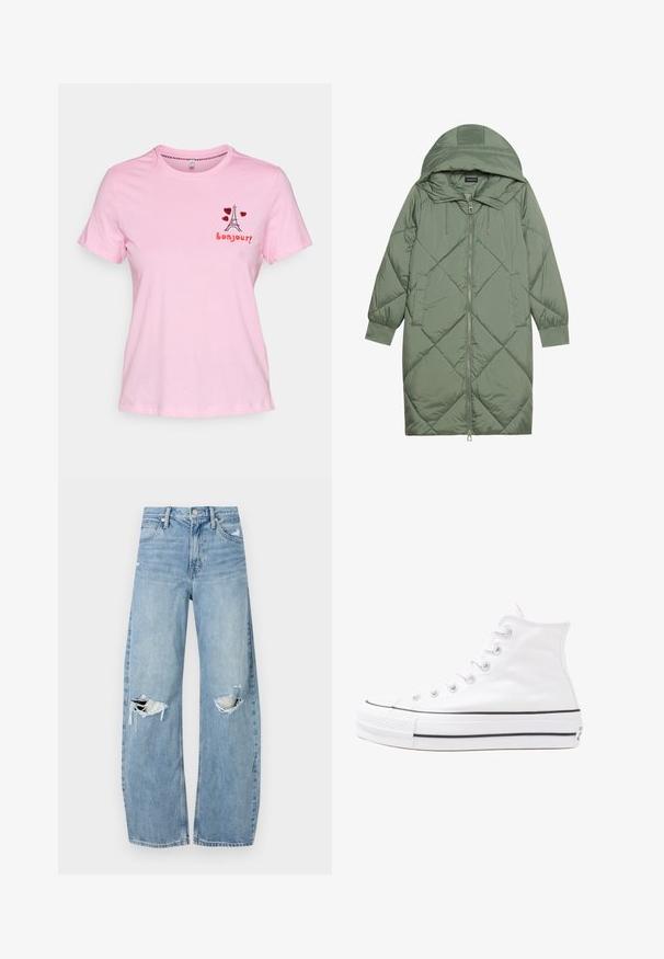 Gesteppten langer grüner Daunenmantel mit Kapuze, mit einem Reißverschluss vorne und zwei Seitentaschen. Strukturiertes Rautenmuster auf der gesamten Fläche.; ONLY ONLKITA LIFE HEART TOP BOX - T-Shirt print - begonia/pink; Helles, hochtailliertes Jeans aus Denim. Hat weit geschnittene Beine, zwei aufgerissene Kniebereiche und klassischen Fünf-Taschen-Stil.; Weiße hochwertige Leinensneaker mit schwarzer Gummisohle, vorderem Gummizehenschutz und sechs Ösen für Schnürsenkel, die ein sauberes, minimalistisches Design aufweisen.