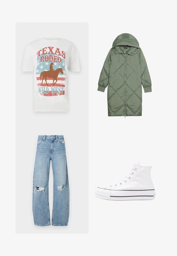 Quiltet lang grønn pufferjakke med hette, med en frontglidelås og to sidelommer. Teksturerte diamantmønster overalt.; Hvit bomulls T-skjorte med en cowboy på hest, med en rød og blå "Texas Rodeo Wild West"-grafikk, med slitt tekstur og stjernebakgrunn.; Lyseblå høytlivsjeans laget av denim. Har vide bein, to revne knær og klassisk fem-lommers design.; Hvit høy-skinn kanvas sneakers med svart gummisåle, gummitåhette foran og seks hull for snorer, med et rent, minimalistisk design.