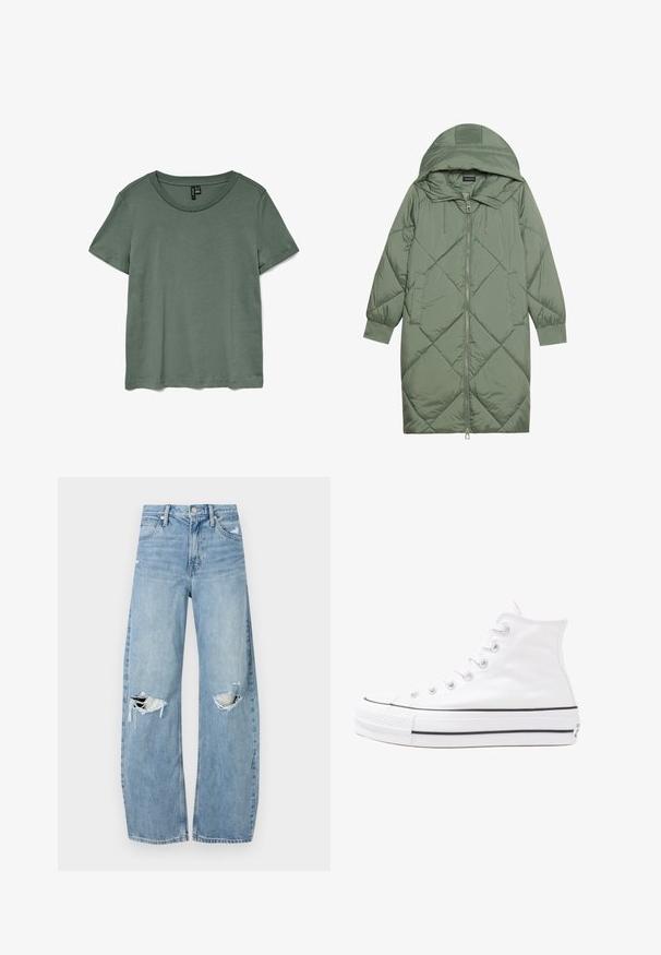 Quiltuotas ilgas žalias pūkinis paltas su kapuce, turintis priekinį užtrauktuką ir dvi šonines kišenes. Visame paviršiuje yra tekstūrinis rombų raštas.; Žalias trumpas rankovėmis marškinėliai su apvaliu iškirpimu ir švelniu, glotniu tekstūru. Turi laisvą prigludimą ir tiesų apvadą.; Šviesiai mėlynos, aukštu juosmeniu džinsai pagaminti iš džinsinio audinio. Turi plačias kojų kelnes, dvi suplėšytas kelio vietas ir klasikinį penkių kišenių dizainą.; Balti aukštakulniai drobės sportbačiai su juodu guminio pado, priekinio guminio piršto dangteliu ir šešiais akytėmis raištams, pasižymintys švariu, minimalistiniu dizainu.