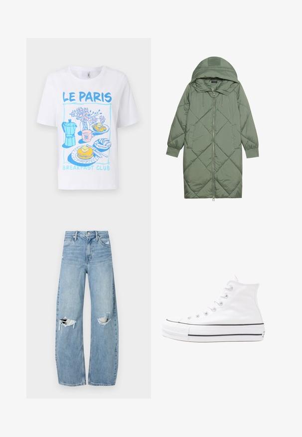Quiltet lang grønn pufferjakke med hette, med en frontglidelås og to sidelommer. Teksturerte diamantmønster overalt.; Hvit bomull t-skjorte med et grafisk design med blå og rosa illustrasjoner av frokostvarer, inkludert pannekaker, kaffe og croissanter.; Lyseblå høytlivsjeans laget av denim. Har vide bein, to revne knær og klassisk fem-lommers design.; Hvit høy-skinn kanvas sneakers med svart gummisåle, gummitåhette foran og seks hull for snorer, med et rent, minimalistisk design.