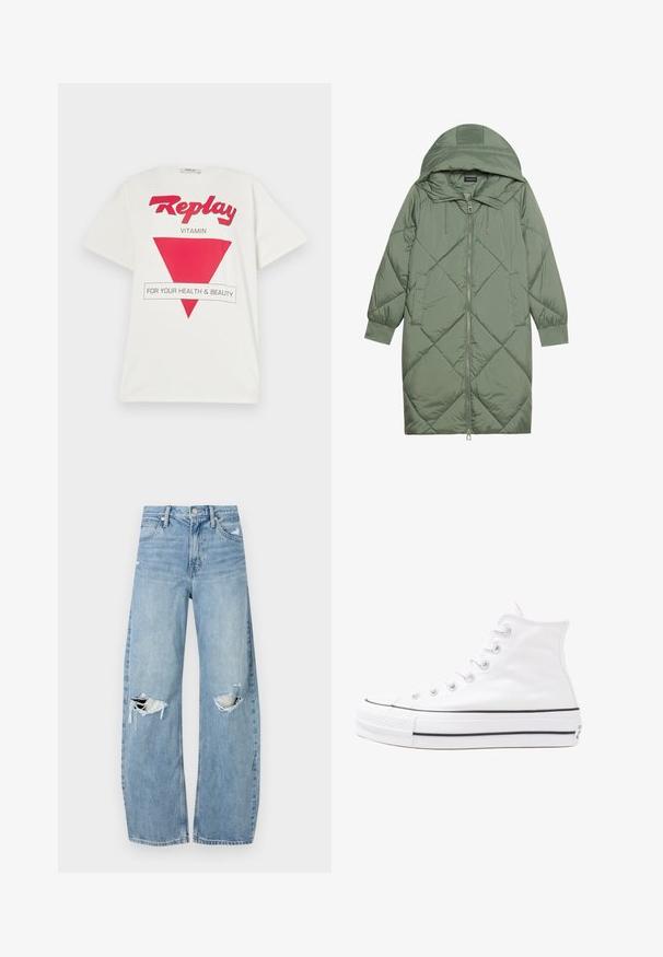 Quilted long green puffer coat with a hood, featuring a front zipper closure and two side pockets. Textured diamond pattern throughout.; White cotton t-shirt with short sleeves, featuring a red "Replay" logo, a red triangle graphic, and the text "FOR YOUR HEALTH & BEAUTY."; Light blue, high-waisted jeans made of denim. Feature wide legs, two torn knee areas, and classic five-pocket styling.; White high-top canvas sneaker with black rubber sole, front rubber toe cap, and six eyelets for laces, featuring a clean, minimalist design.