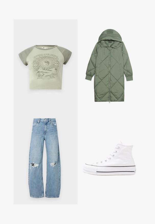 Pistetud pikk roheline puffermantel kapuutsiga, esiküljel tõmblukuga ja kahe küljetaskuga. Kogu pinnal on struktureeritud rombikujundus.; Roheline puuvillane T-särk lühikeste varrukatega, millel on yin-yang graafika ja loodusmotiivid kontrastseks tumedamas rohelises toonis.; Heledad hallideega sinised teksad, millel on kõrge talje. Teksade jalgadel on lai alus, kaks rebitud kohta põlvede ümber ning klassikaline viie tasku stiil.; Valge kõrgem kangast tenniseking, millel on must kummist tald, ees kummist varvasetugi ja kuus aukku paelte jaoks, pakkudes puhta ja minimalistliku disaini.