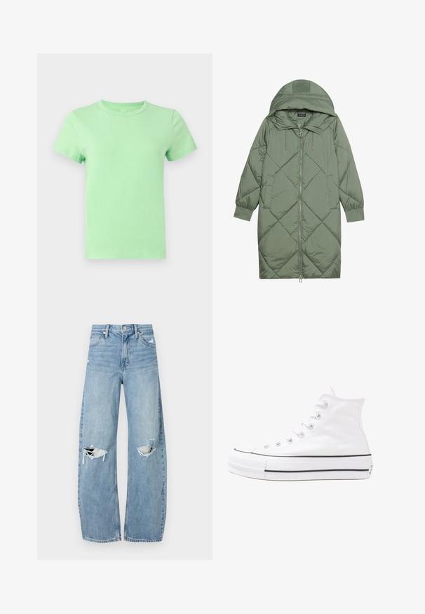 Quilted long green puffer coat with a hood, featuring a front zipper closure and two side pockets. Textured diamond pattern throughout.; Mint green cotton t-shirt with short sleeves, crew neck, and a straight hem. Subtle texture, no visible patterns or graphics.; Light blue, high-waisted jeans made of denim. Feature wide legs, two torn knee areas, and classic five-pocket styling.; White high-top canvas sneaker with black rubber sole, front rubber toe cap, and six eyelets for laces, featuring a clean, minimalist design.