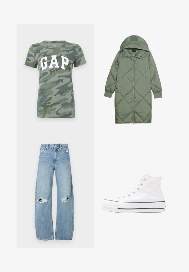 Izšūts garš zaļš pūšļa mētelis ar kapuci, ar priekšējo rāvējslēdzēju un divām sānu kabatām. Visā virsmā ir teksturēta dimanta raksts.; Zaļa kokvilnas T-kreklā ar kamuflāžas rakstu, apaļa apkakle un liels balts "GAP" logotips krūšu rajonā.; Gaiši zili, augstās vidukļa džinsi, kas izgatavoti no denima. Iespējas plašas kājas, divas plēstas ceļa daļas un klasiskā piecu kabatu dizains.; Balti augstie kanvas sporta apavi ar melnu gumijas zoli, priekšējo gumijas purngalu un sešām acīm lencēm, kuriem ir tīrs, minimālistisks dizains.
