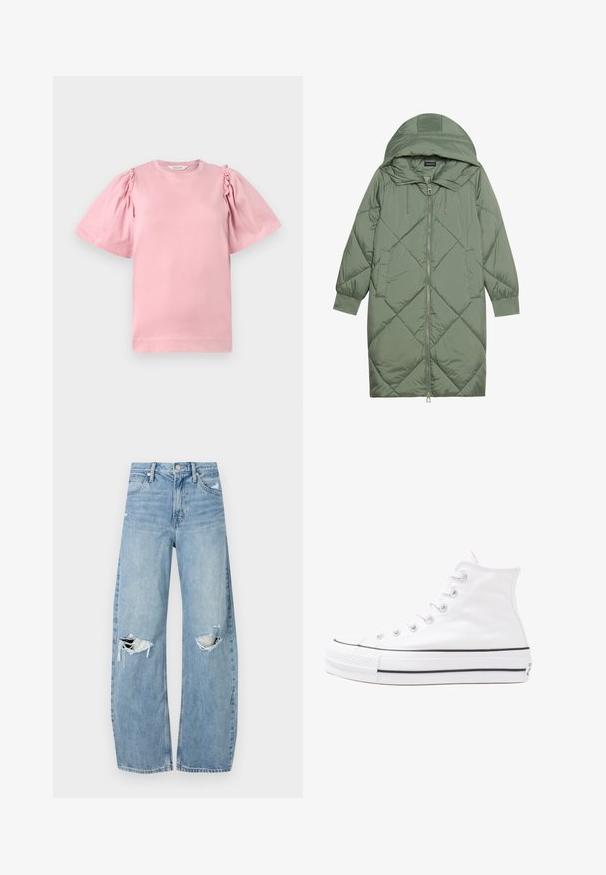 Quiltet lang grønn pufferjakke med hette, med en frontglidelås og to sidelommer. Teksturerte diamantmønster overalt.; Rosa bomull t-skjorte med korte pufferm og sammensamling på skulderne. Klassisk rund hals og rett nedkant. Myk tekstur.; Lyseblå høytlivsjeans laget av denim. Har vide bein, to revne knær og klassisk fem-lommers design.; Hvit høy-skinn kanvas sneakers med svart gummisåle, gummitåhette foran og seks hull for snorer, med et rent, minimalistisk design.