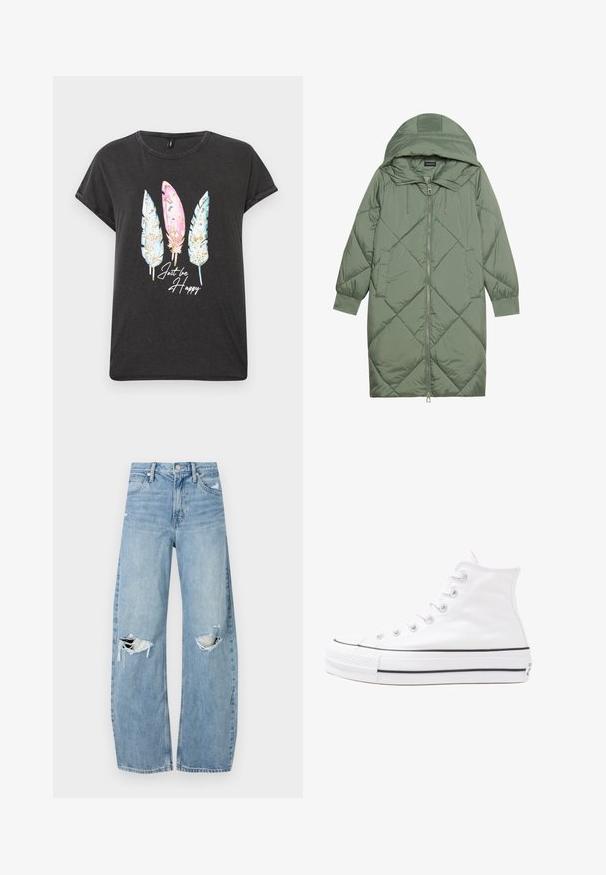 Quiltet lang grønn pufferjakke med hette, med en frontglidelås og to sidelommer. Teksturerte diamantmønster overalt.; Svart kortermet t-skjorte med rund hals, med tre fargerike fjærgrafikker i rosa og blått, samt teksten "Bare vær lykkelig" i hvitt.; Lyseblå høytlivsjeans laget av denim. Har vide bein, to revne knær og klassisk fem-lommers design.; Hvit høy-skinn kanvas sneakers med svart gummisåle, gummitåhette foran og seks hull for snorer, med et rent, minimalistisk design.