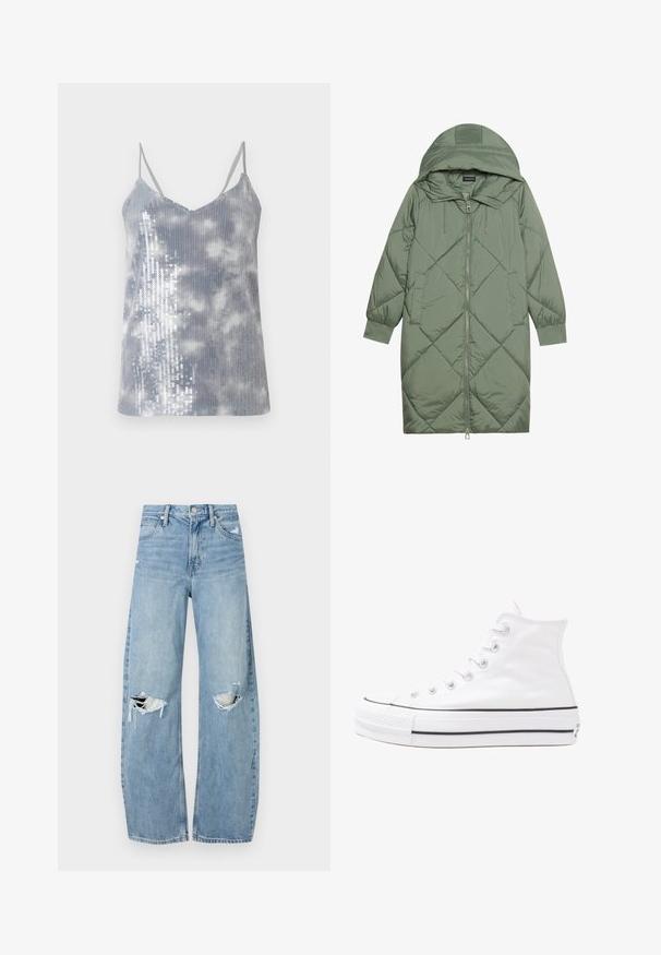 Quiltana duga zelena puffer jakna s kapuljačom, s prednjim zatvaračem i dva bočna džepa. Teksturni dijamantni uzorak kroz cijelu jaknu.; Top bez rukava u sivoj boji s laganim uzorkom oblaka. Jedna strana ima srebrne šljokice za dodatnu teksturu i sjaj. Dizajn s V-izrezom s tankim trakama.; Svijetloplave, visoko-strukirane traperice. Imaju široke nogavice, dva razderana područja na koljenima i klasičan stil s pet džepova.; Bijela visoka platnena tenisica s crnom gumenom potplatom, prednjim gumenim zaštitnikom prstiju i šest rupa za vezanje, s čistim, minimalističkim dizajnom.
