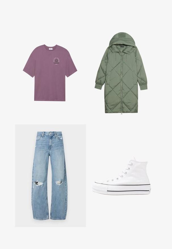 Quilted long green puffer coat with a hood, featuring a front zipper closure and two side pockets. Textured diamond pattern throughout.; Purple cotton t-shirt with short sleeves, featuring a front graphic of a star and text "Celestial Symphony Solar Eclipse." Soft texture.; Light blue, high-waisted jeans made of denim. Feature wide legs, two torn knee areas, and classic five-pocket styling.; White high-top canvas sneaker with black rubber sole, front rubber toe cap, and six eyelets for laces, featuring a clean, minimalist design.