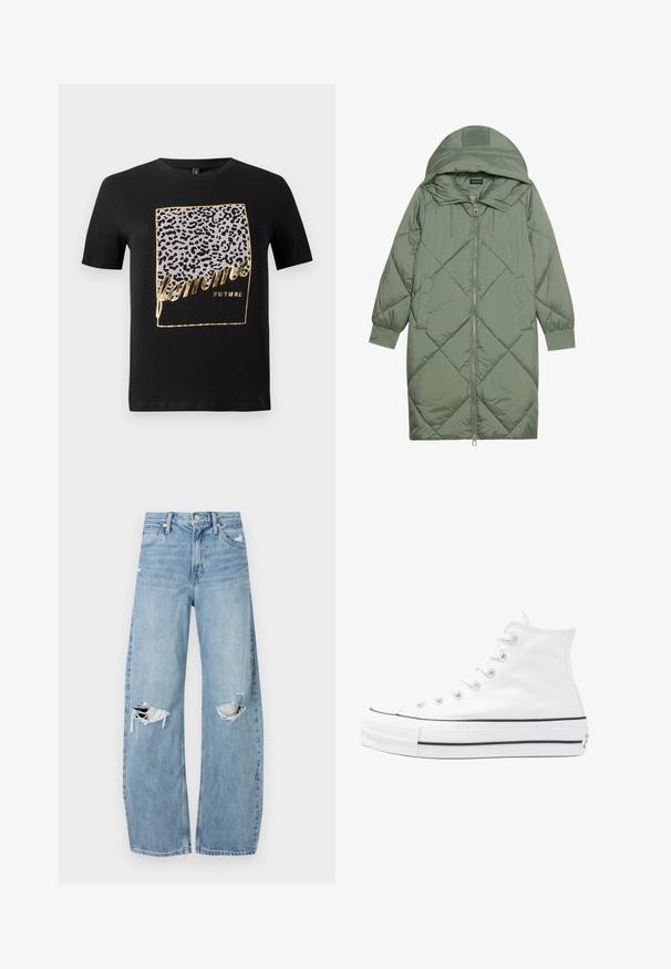 Abrigo acolchado largo verde tipo puffer con capucha, que presenta un cierre frontal con cremallera y dos bolsillos laterales. Patrón de diamantes texturizado en toda su superficie.; Camiseta de algodón negra con un diseño de leopardo en gris y dorado, con el texto "femme FUTURE" en una fuente estilizada. Manga corta.; Vaqueros de mezclilla de tiro alto en azul claro. Tienen piernas anchas, dos áreas desgastadas en las rodillas y un estilo clásico de cinco bolsillos.; Zapatilla de lona alta blanca con suela de goma negra, puntera de goma frontal y seis ojetes para los cordones, que presenta un diseño limpio y minimalista.