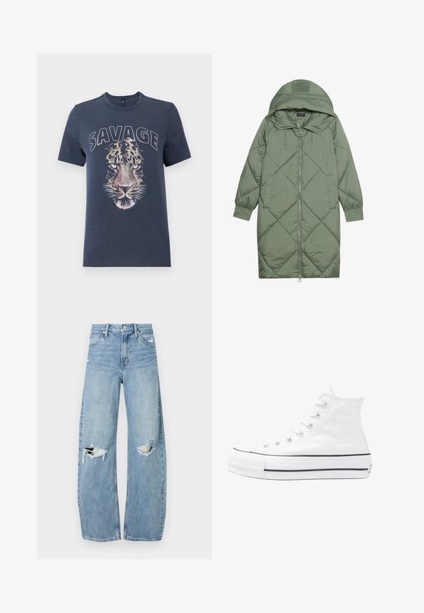 Abrigo acolchado largo verde tipo puffer con capucha, que presenta un cierre frontal con cremallera y dos bolsillos laterales. Patrón de diamantes texturizado en toda su superficie.; Camiseta de algodón azul marino con una gran cara de leopardo impresa y el texto "SAVAGE" arriba, con cuello redondo y mangas cortas.; Vaqueros de mezclilla de tiro alto en azul claro. Tienen piernas anchas, dos áreas desgastadas en las rodillas y un estilo clásico de cinco bolsillos.; Zapatilla de lona alta blanca con suela de goma negra, puntera de goma frontal y seis ojetes para los cordones, que presenta un diseño limpio y minimalista.
