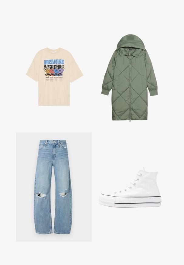 Quiltuotas ilgas žalias pūkinis paltas su kapuce, turintis priekinį užtrauktuką ir dvi šonines kišenes. Visame paviršiuje yra tekstūrinis rombų raštas.; Bežinis medvilninis marškinėliai su spalvinga grafika, vaizduojančia besišypsančius personažus ir ryškų tekstą. Per didelis kirpimas su apvalia apykakle ir trumpomis Rankovėmis.; Šviesiai mėlynos, aukštu juosmeniu džinsai pagaminti iš džinsinio audinio. Turi plačias kojų kelnes, dvi suplėšytas kelio vietas ir klasikinį penkių kišenių dizainą.; Balti aukštakulniai drobės sportbačiai su juodu guminio pado, priekinio guminio piršto dangteliu ir šešiais akytėmis raištams, pasižymintys švariu, minimalistiniu dizainu.