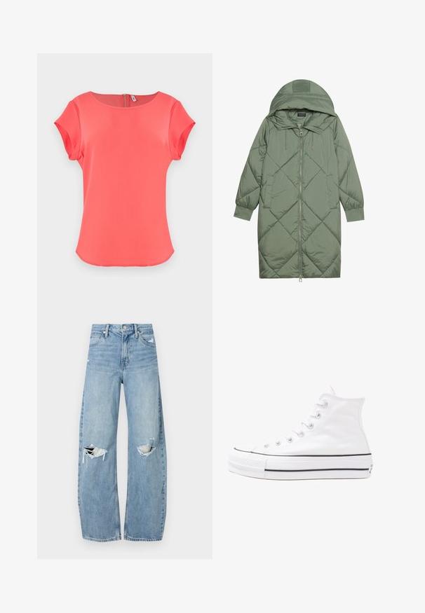 Gesteppten langer grüner Daunenmantel mit Kapuze, mit einem Reißverschluss vorne und zwei Seitentaschen. Strukturiertes Rautenmuster auf der gesamten Fläche.; Korallefarbiges Kurzarmoberteil mit Rundhalsausschnitt, glatter Textur und einem Reißverschlussverschluss auf der Rückseite. Einfaches, sauberes Design mit leicht abgerundetem Saum.; Helles, hochtailliertes Jeans aus Denim. Hat weit geschnittene Beine, zwei aufgerissene Kniebereiche und klassischen Fünf-Taschen-Stil.; Weiße hochwertige Leinensneaker mit schwarzer Gummisohle, vorderem Gummizehenschutz und sechs Ösen für Schnürsenkel, die ein sauberes, minimalistisches Design aufweisen.