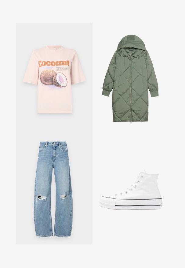 Quiltet lang grøn pufferjakke med hætte, med frontlynlås og to sidelommer. Teksturret diamantmønster over det hele.; Lys rosa bomulds-t-shirt med et grafik af en kokosnød, med tekst i orange og lilla. Korte ærmer, afslappet pasform, glat tekstur.; Lysblå, højtraljede jeans lavet af denim. Har brede ben, to huller ved knæene og klassisk fem-lommes stil.; Hvide høje kanvas sneakers med sort gummisål, gummitåhætte foran og seks øjehuller til snørebånd, der har et rent, minimalistisk design.