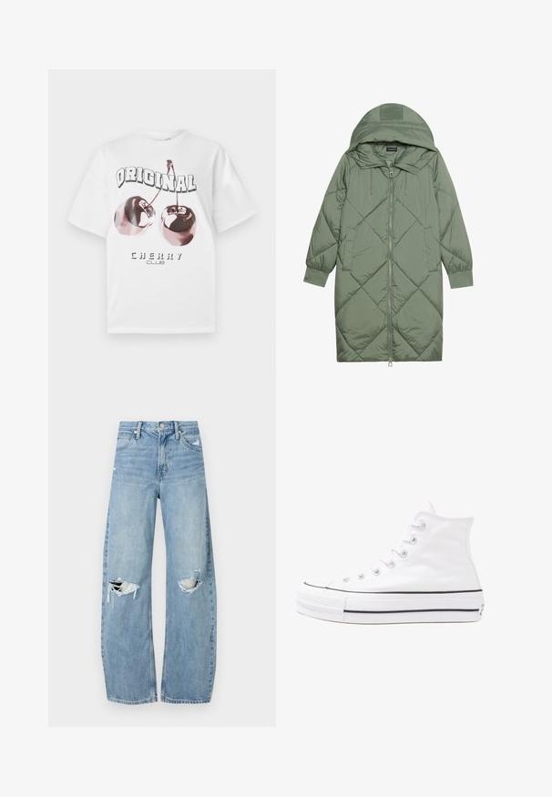Prošívaný dlouhý zelený péřový kabát s kapucí, který má přední zip a dvě boční kapsy. Po celém povrchu je texturovaný diamantový vzor.; Bílý bavlněný tričko s krátkým rukávem. Obsahuje grafický potisk dvou třešní a text "ORIGINAL CHERRY CLUB" v tučném černém písmu.; Světle modré džíny s vysokým pasem vyrobené z denimu. Mají široké nohavice, dvě roztržené oblasti na kolenou a klasický pětikapsový střih.; Bílé vysoké plátěné tenisky s černou gumovou podrážkou, přední gumovou špičkou a šesti očky na tkaničky, se čistým, minimalistickým designem.