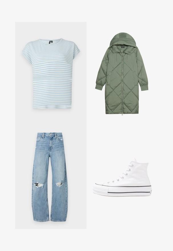 Casaco puffer longo verde acolchoado com capuz, apresentando um fecho frontal com zíper e dois bolsos laterais. Padrão texturizado em forma de diamante por todo o casaco.; T-shirt listrado azul claro, feito de algodão macio. Apresenta mangas curtas e um decote redondo. Listras horizontais em várias larguras.; Jeans de lavagem clara, de cintura alta, feitos de denim. Apresentam pernas largas, duas áreas rasgadas nos joelhos e o estilo clássico de cinco bolsos.; Sapatilha alta de tela branca com sola de borracha preta, bico de borracha na frente e seis ilhós para os atacadores, apresentando um design limpo e minimalista.