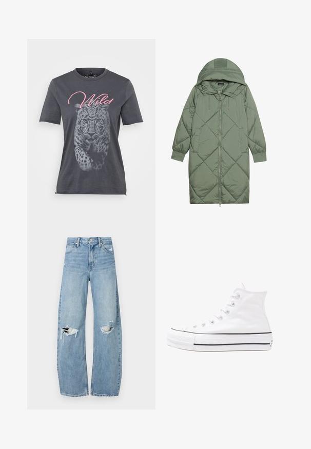 Casaco puffer longo verde acolchoado com capuz, apresentando um fecho frontal com zíper e dois bolsos laterais. Padrão texturizado em forma de diamante por todo o casaco.; T-shirt de algodão cinza com um gráfico de leopard em preto e branco, com a palavra "Wild" em rosa cursivo acima do design. Mangas curtas.; Jeans de lavagem clara, de cintura alta, feitos de denim. Apresentam pernas largas, duas áreas rasgadas nos joelhos e o estilo clássico de cinco bolsos.; Sapatilha alta de tela branca com sola de borracha preta, bico de borracha na frente e seis ilhós para os atacadores, apresentando um design limpo e minimalista.